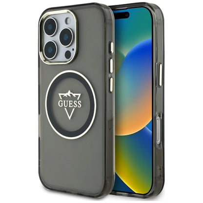 MagSafe Case for Apple iPhone 16 Pro, Guess, IML Metal Mountain Logo, Black