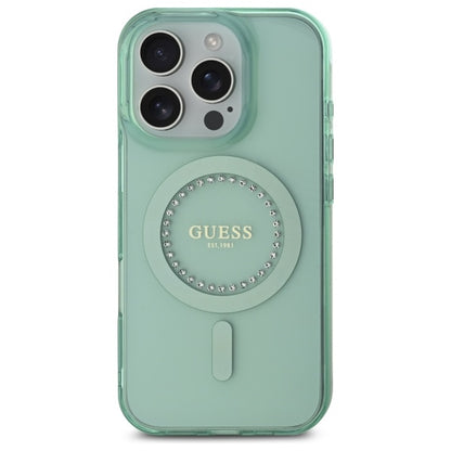 Coque MagSafe pour Apple iPhone 16 Pro, Guess, IML Rhinestone, Vert