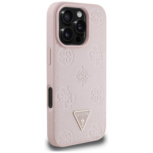 Coque MagSafe pour Apple iPhone 16 Pro, Guess, Peony Grained Hot Stamp Triangle, Rose
