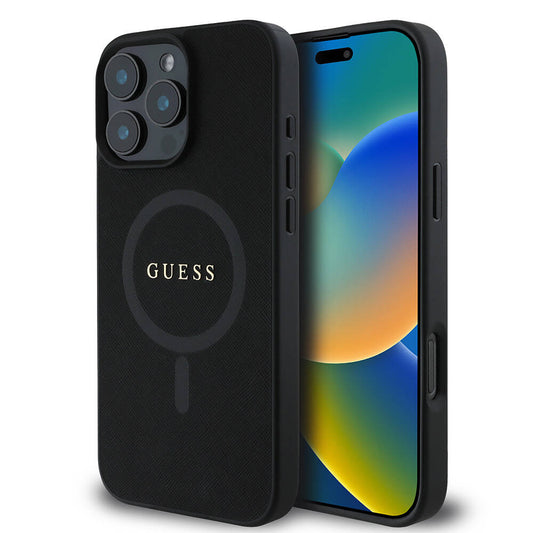 Étui MagSafe pour Apple iPhone 16 Pro, Guess, Saffiano Classic Logo, Noir