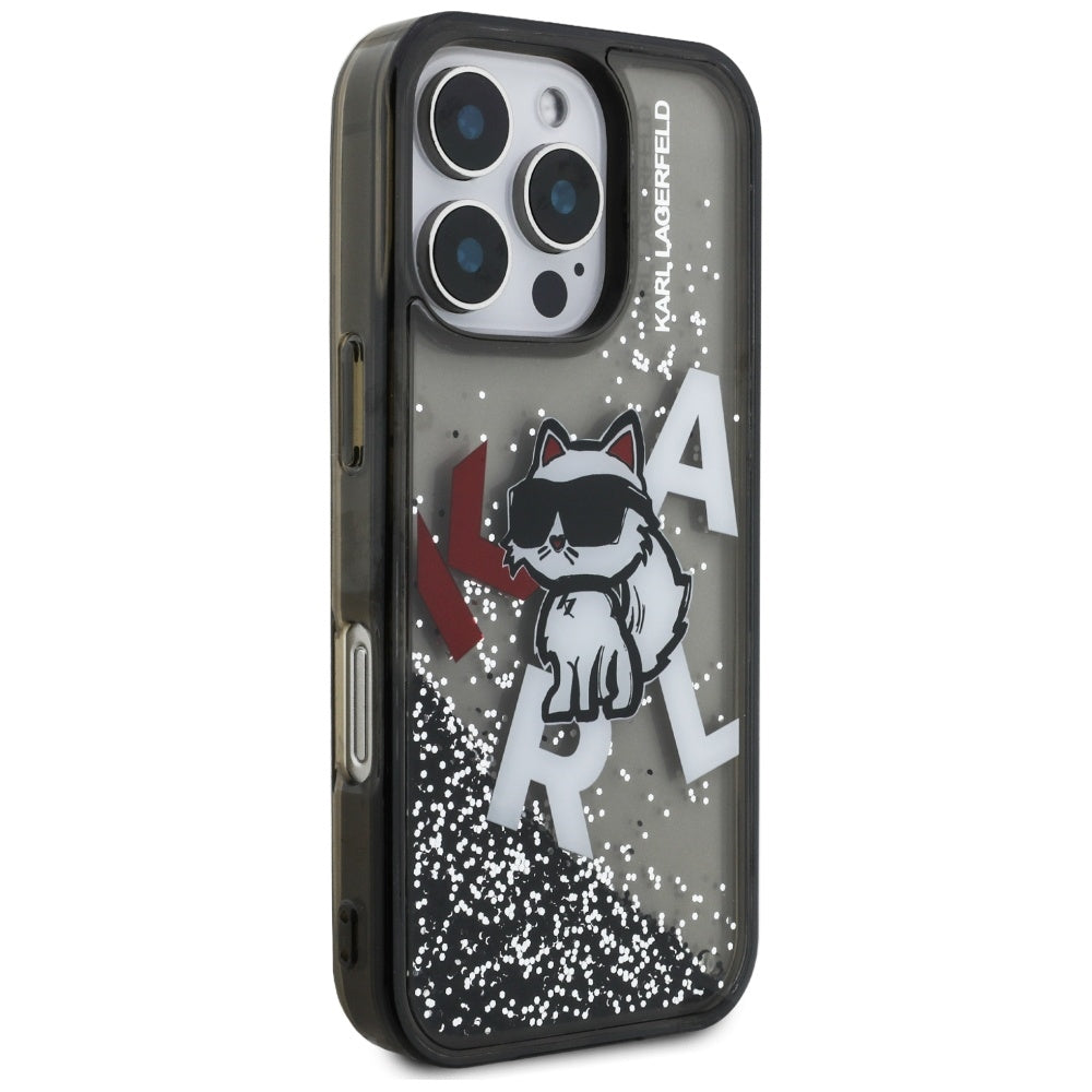 MagSafe Case for Apple iPhone 16 Pro, Karl Lagerfeld, Liquid Glitter Choupette Logo, Black