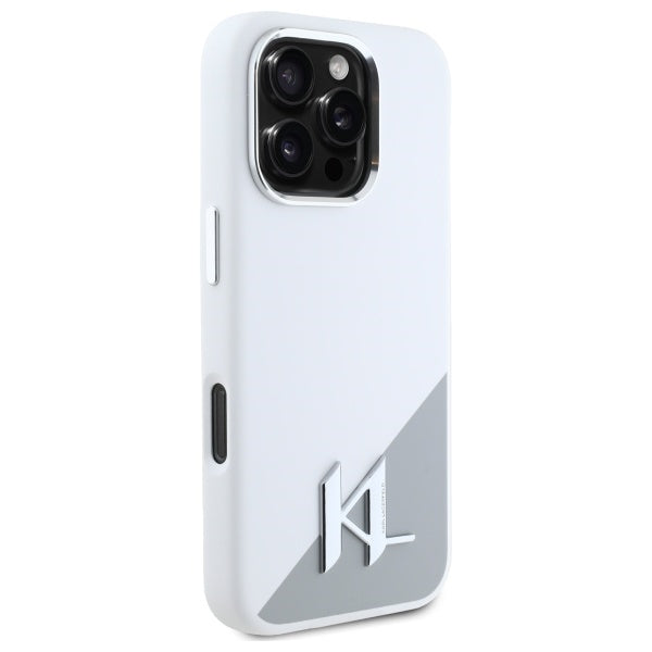 Coque MagSafe pour Apple iPhone 16 Pro, Karl Lagerfeld, Silicone Shadow Metal Initial, Blanche