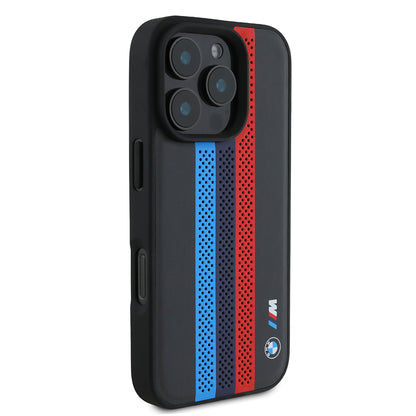 Coque MagSafe pour Apple iPhone 16 Pro Max, BMW, Perforated M Perf. Tricolor Stripers, Noire
