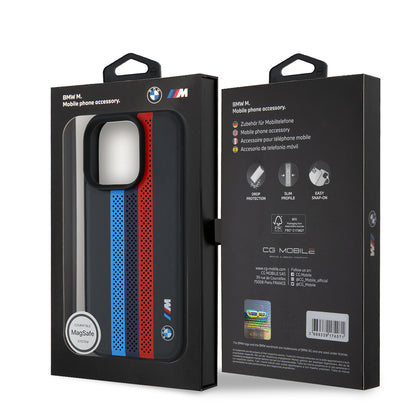 Coque MagSafe pour Apple iPhone 16 Pro Max, BMW, Perforated M Perf. Tricolor Stripers, Noire