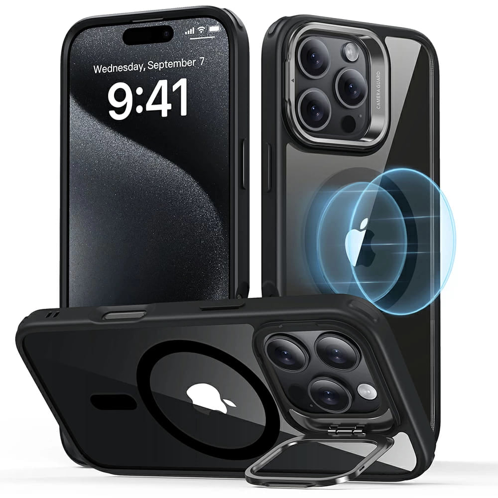 Coque MagSafe pour Apple iPhone 16 Pro Max, ESR, Classic Hybrid Kickstand, Noire Transparente
