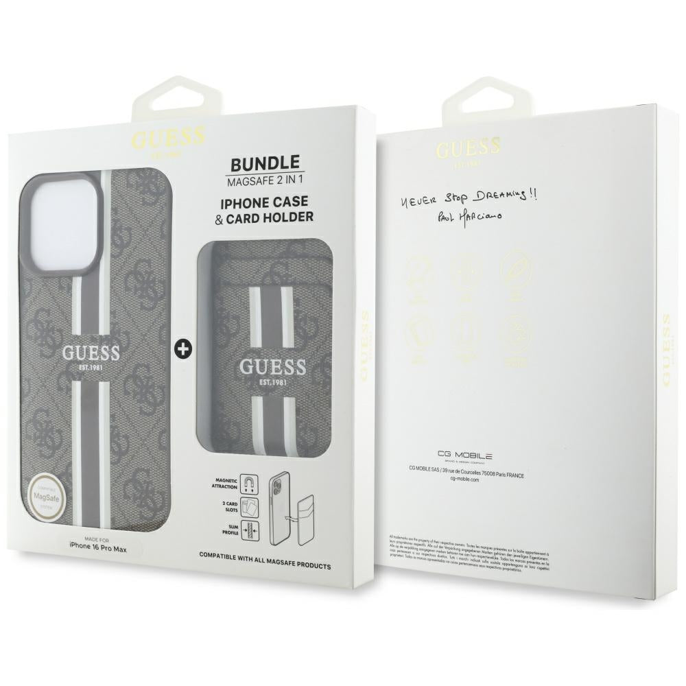 Étui MagSafe pour Apple iPhone 16 Pro Max, Guess, Cardslot 4G Stripes, Marron