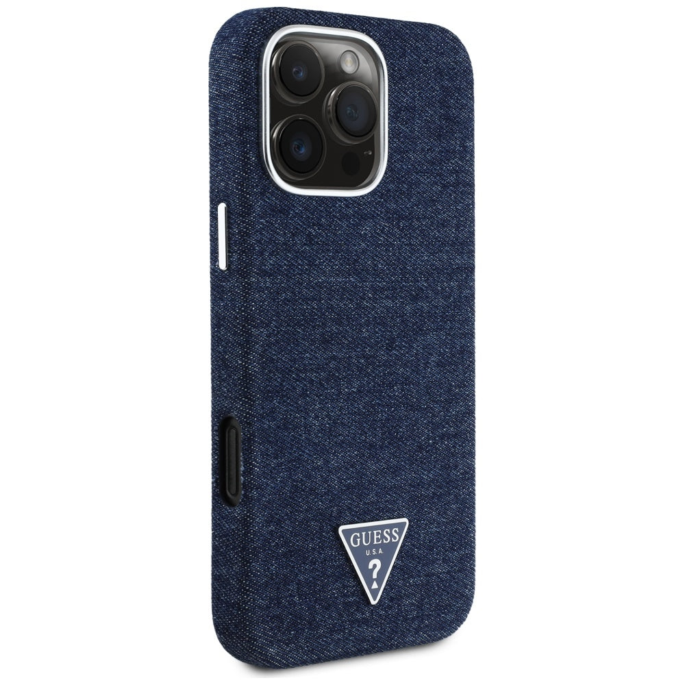 Étui MagSafe pour Apple iPhone 16 Pro Max, Guess, Logo Triangle en Denim, Bleu