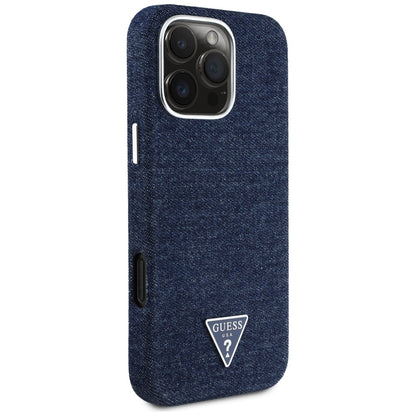 Étui MagSafe pour Apple iPhone 16 Pro Max, Guess, Logo Triangle en Denim, Bleu