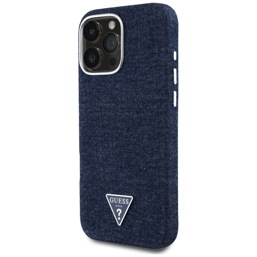 Étui MagSafe pour Apple iPhone 16 Pro Max, Guess, Logo Triangle en Denim, Bleu