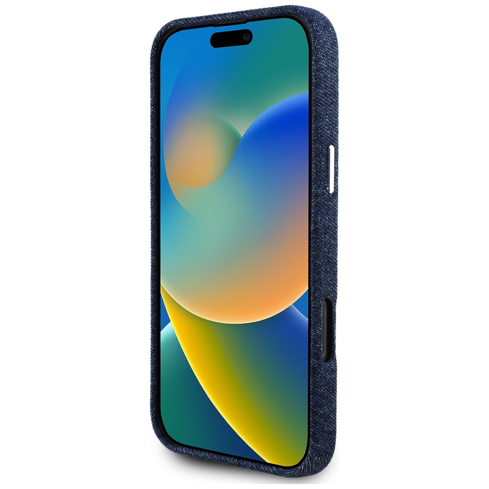 Étui MagSafe pour Apple iPhone 16 Pro Max, Guess, Logo Triangle en Denim, Bleu