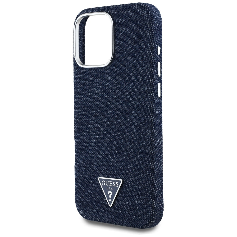 Étui MagSafe pour Apple iPhone 16 Pro Max, Guess, Logo Triangle en Denim, Bleu