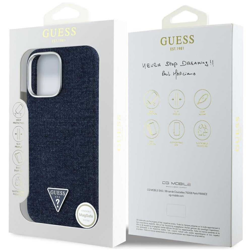 Étui MagSafe pour Apple iPhone 16 Pro Max, Guess, Logo Triangle en Denim, Bleu