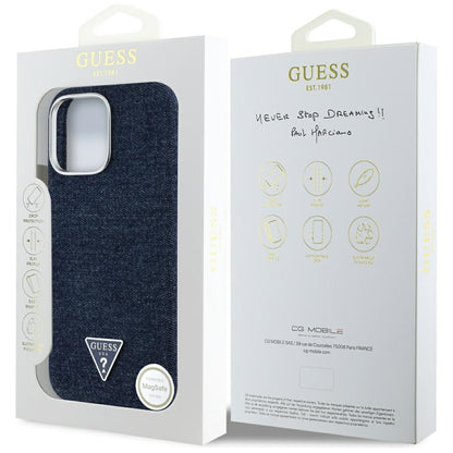 Étui MagSafe pour Apple iPhone 16 Pro Max, Guess, Logo Triangle en Denim, Bleu