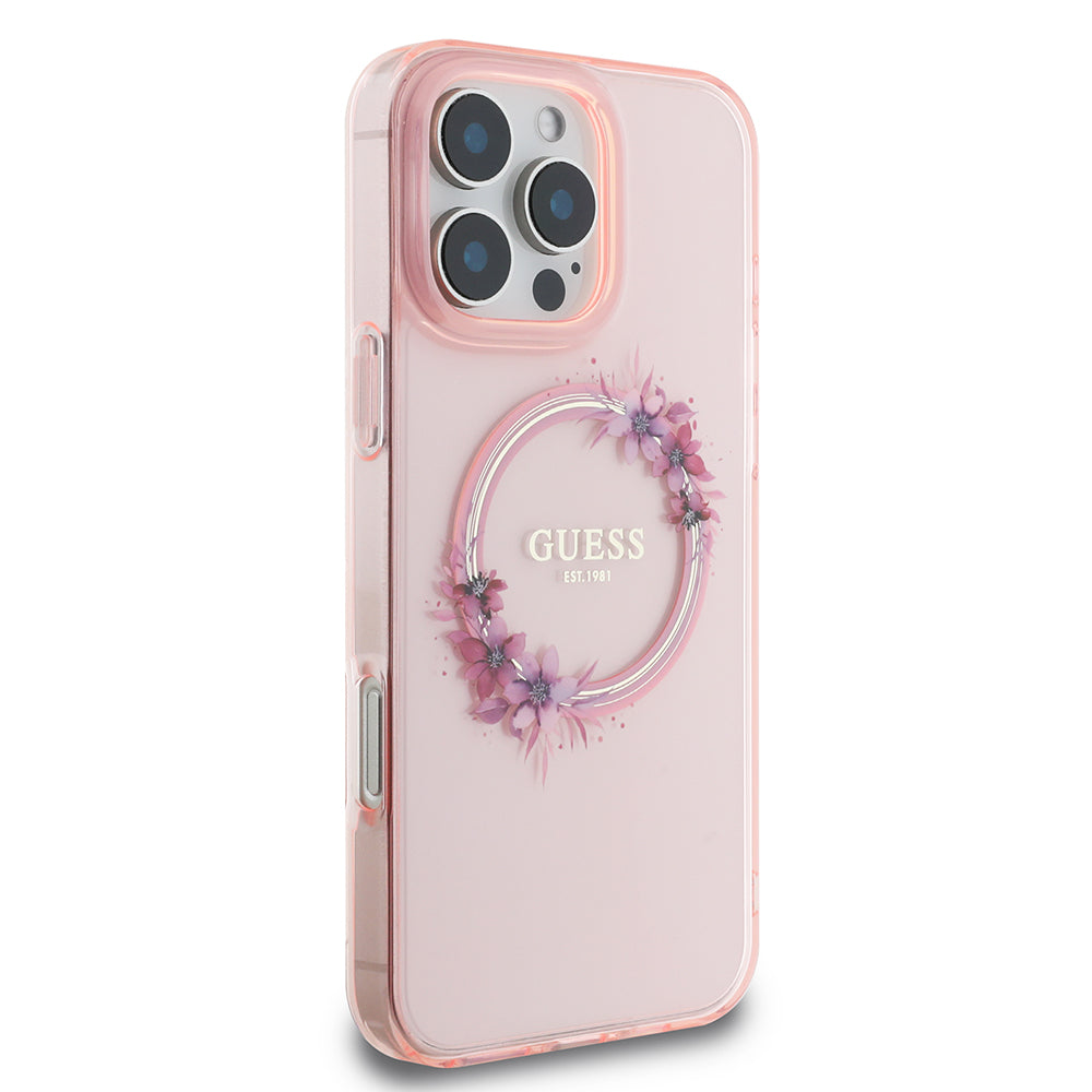 Étui MagSafe pour Apple iPhone 16 Pro Max, Guess, IML Couronne de Fleurs, Rose
