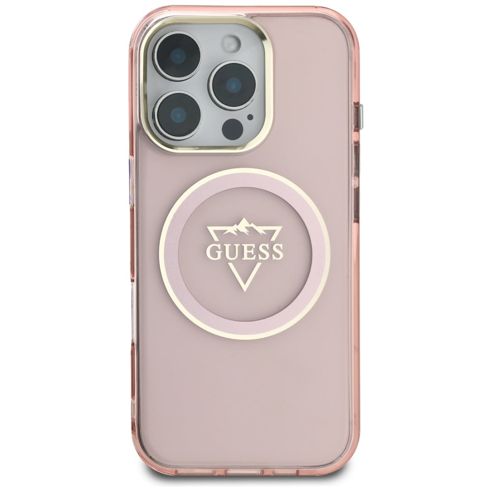 Coque MagSafe pour Apple iPhone 16 Pro Max, Guess, logo IML Metal Mountain, Rose
