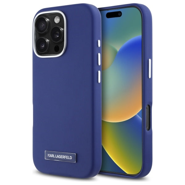 MagSafe Hülle für Apple iPhone 16 Pro Max, Karl Lagerfeld, FW Metal Plate, Blau