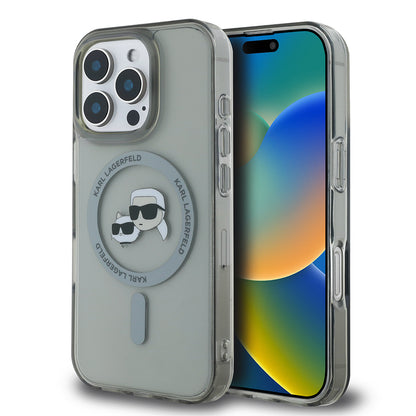 Housse MagSafe pour Apple iPhone 16 Pro Max, Karl Lagerfeld, IML Metal Karl & Choupette's Heads, Noire