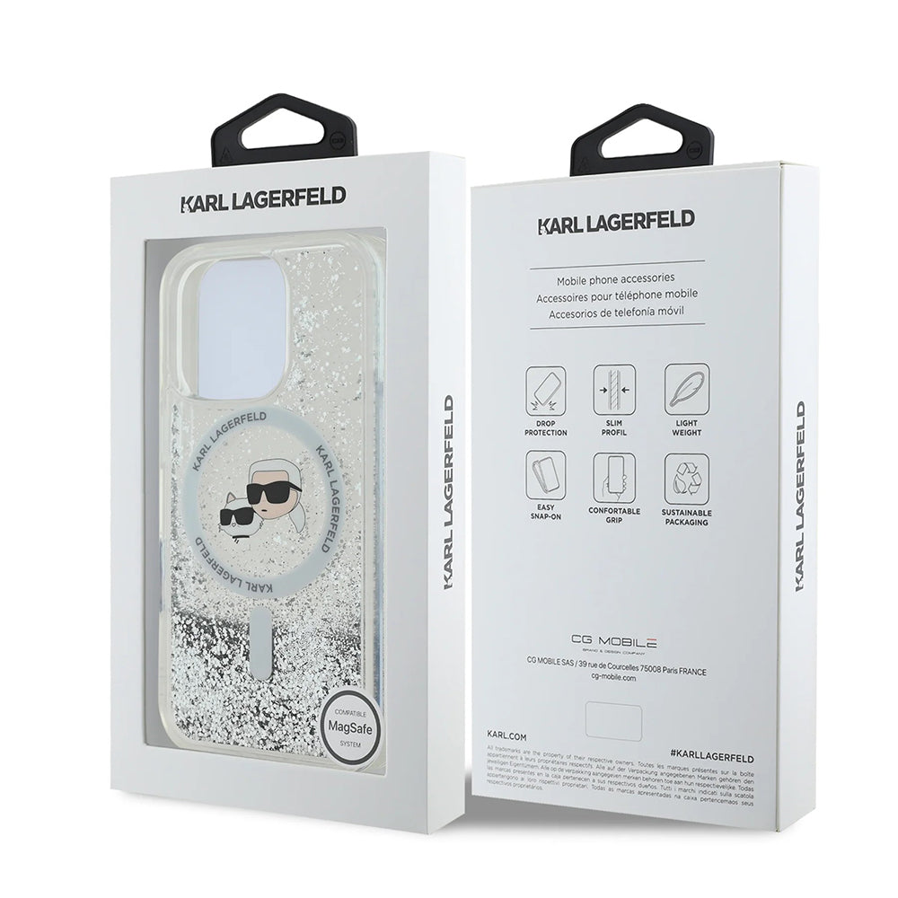 Coque MagSafe pour Apple iPhone 16 Pro Max, Karl Lagerfeld, Liquid Glitter Karl & Choupette's Heads, Transparente