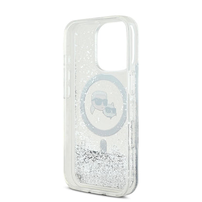 Coque MagSafe pour Apple iPhone 16 Pro Max, Karl Lagerfeld, Liquid Glitter Karl & Choupette's Heads, Transparente