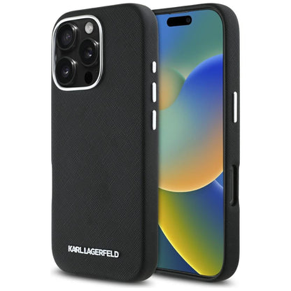 Étui MagSafe pour Apple iPhone 16 Pro Max, Karl Lagerfeld, Saffiano Full Wrapped Elongated Metal Logo, Noir