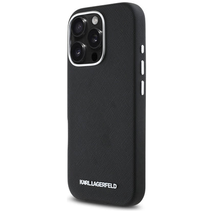 Étui MagSafe pour Apple iPhone 16 Pro Max, Karl Lagerfeld, Saffiano Full Wrapped Elongated Metal Logo, Noir
