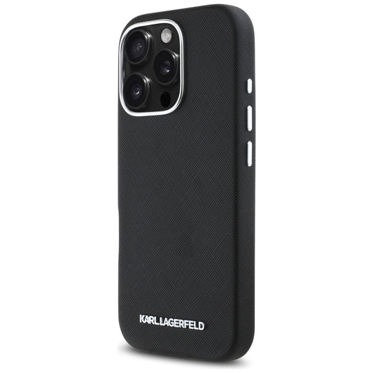 MagSafe Hülle für Apple iPhone 16 Pro Max, Karl Lagerfeld, Saffiano Full Wrapped Elongated Metal Logo, Schwarz