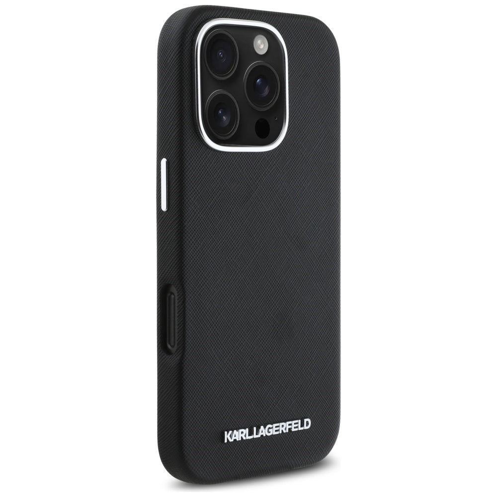 Étui MagSafe pour Apple iPhone 16 Pro Max, Karl Lagerfeld, Saffiano Full Wrapped Elongated Metal Logo, Noir