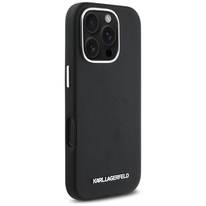 Étui MagSafe pour Apple iPhone 16 Pro Max, Karl Lagerfeld, Saffiano Full Wrapped Elongated Metal Logo, Noir