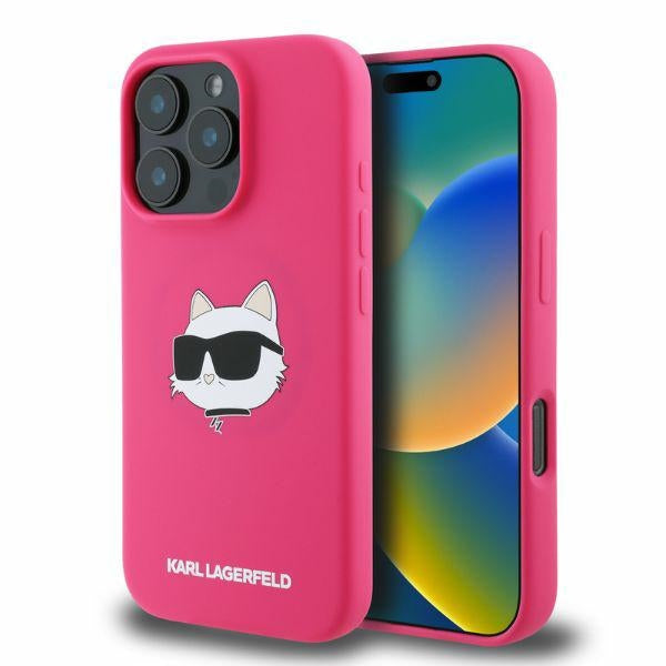 Housse MagSafe pour Apple iPhone 16 Pro Max, Karl Lagerfeld, Silicone Tête de Choupette, Fuchsia