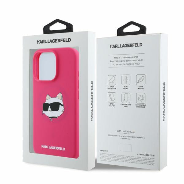 Housse MagSafe pour Apple iPhone 16 Pro Max, Karl Lagerfeld, Silicone Tête de Choupette, Fuchsia
