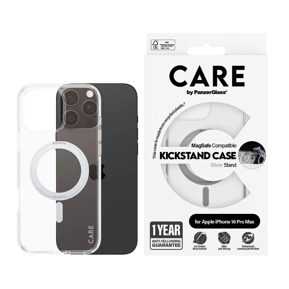 MagSafe Hülle für Apple iPhone 16 Pro Max, PanzerGlass, Care Feature Kickstand, Transparent Silber