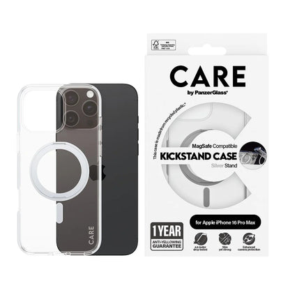 MagSafe Hülle für Apple iPhone 16 Pro Max, PanzerGlass, Care Feature Kickstand, Transparent Silber