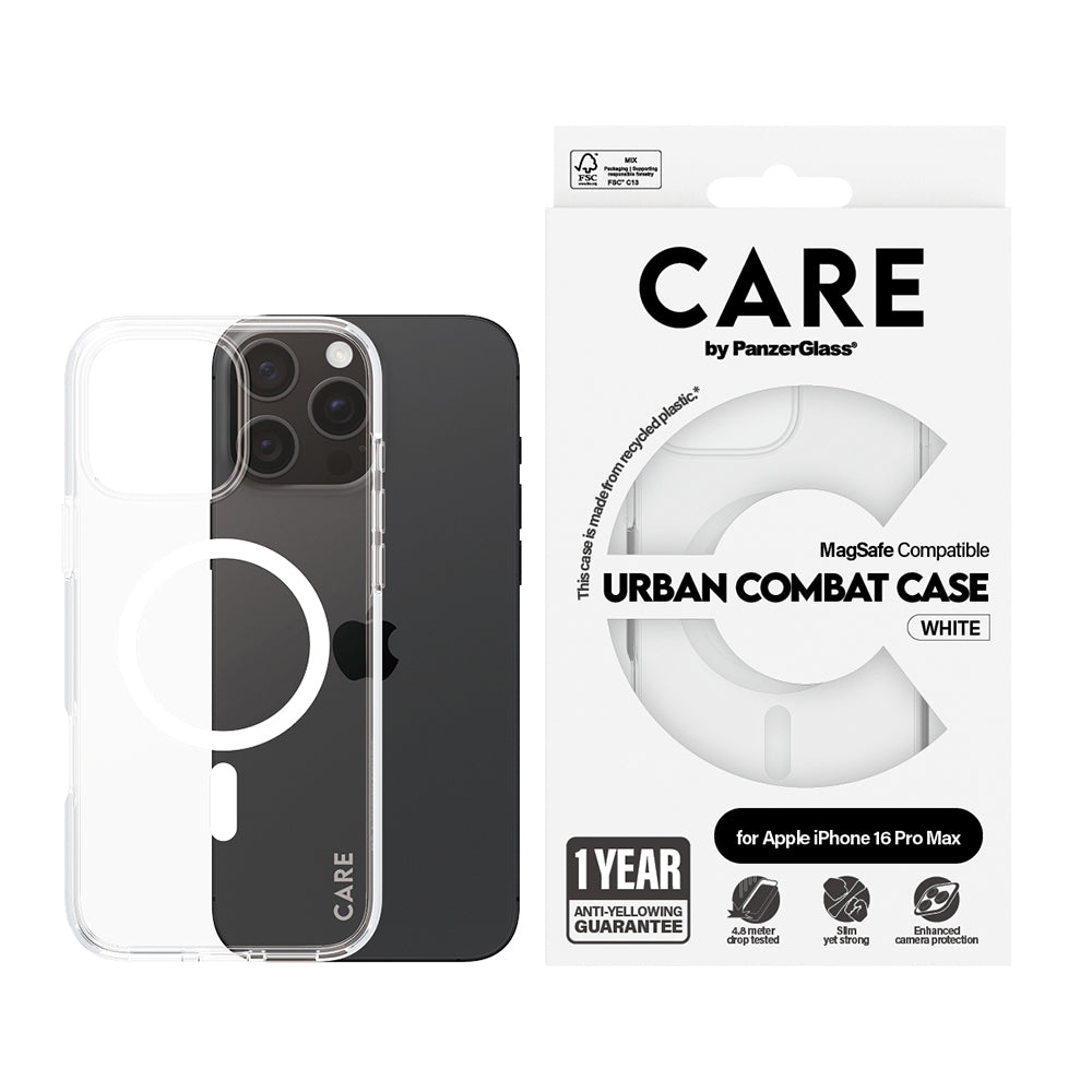 Coque MagSafe pour Apple iPhone 16 Pro Max, PanzerGlass, Care Urban Combat, Transparente Blanche