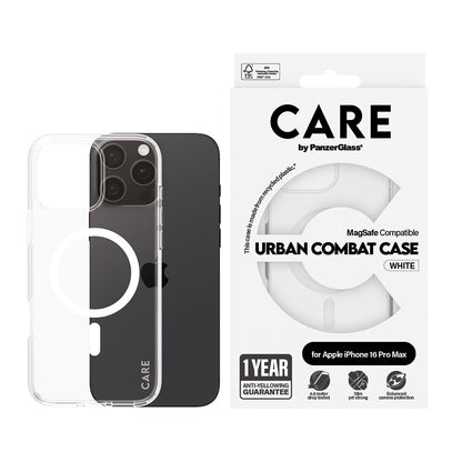 Coque MagSafe pour Apple iPhone 16 Pro Max, PanzerGlass, Care Urban Combat, Transparente Blanche