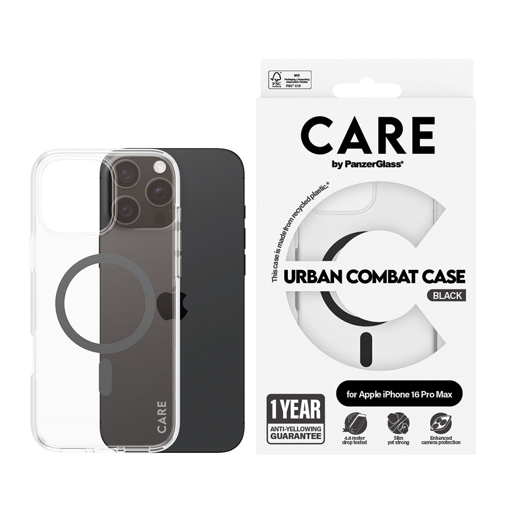 Étui MagSafe pour Apple iPhone 16 Pro Max, PanzerGlass, Care Urban Combat, Transparent Noir