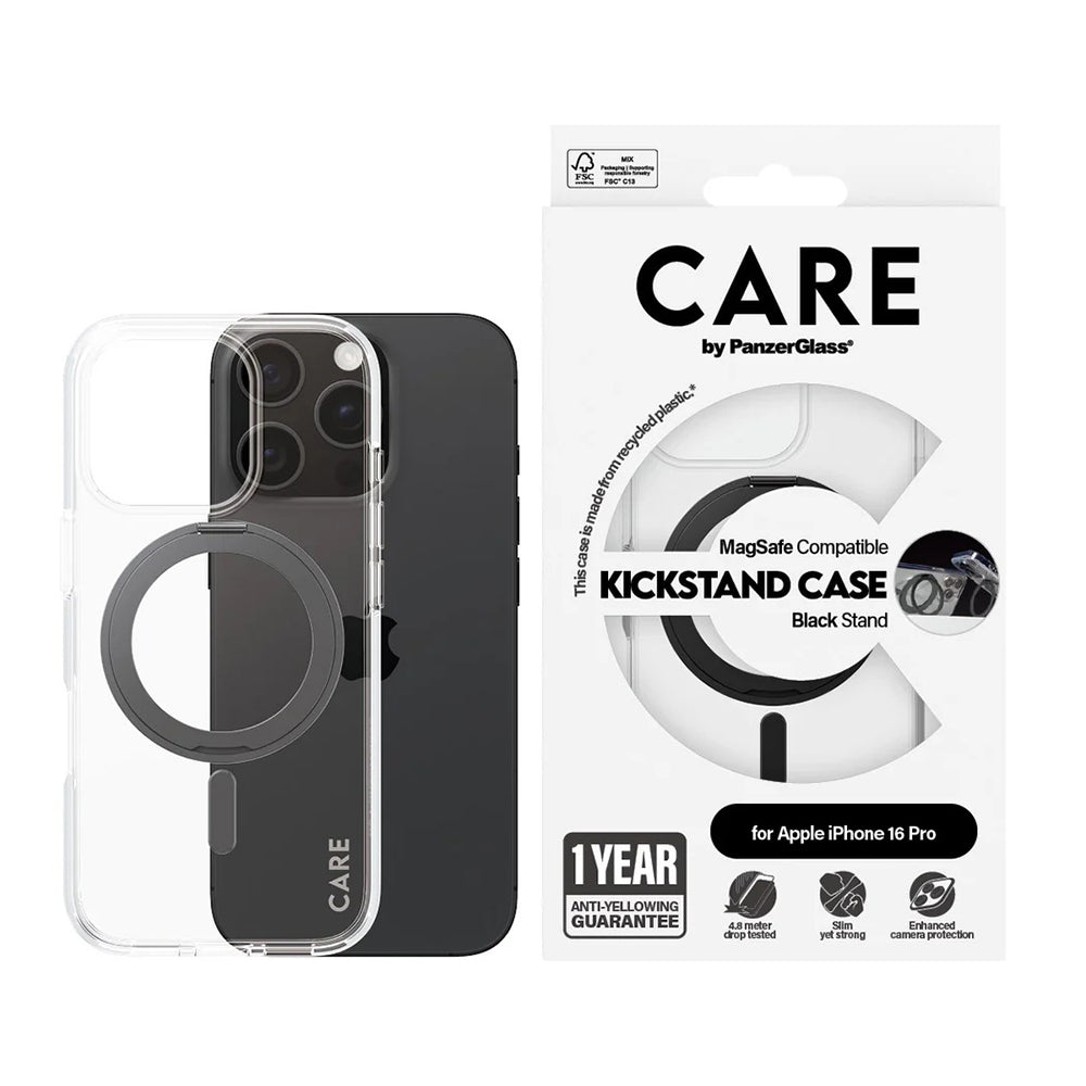 Coque MagSafe pour Apple iPhone 16 Pro, PanzerGlass, avec support Kickstand, Transparent Noir