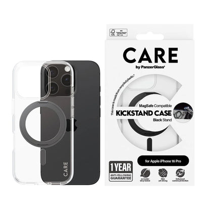 Coque MagSafe pour Apple iPhone 16 Pro, PanzerGlass, avec support Kickstand, Transparent Noir