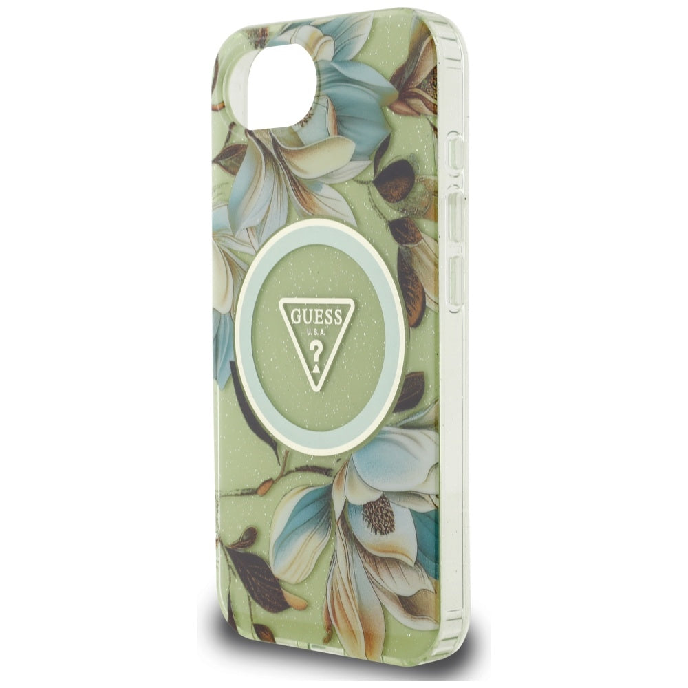 MagSafe Case for Apple iPhone 16e, Guess, IML Metal Glitter Flowers Triangle, Green