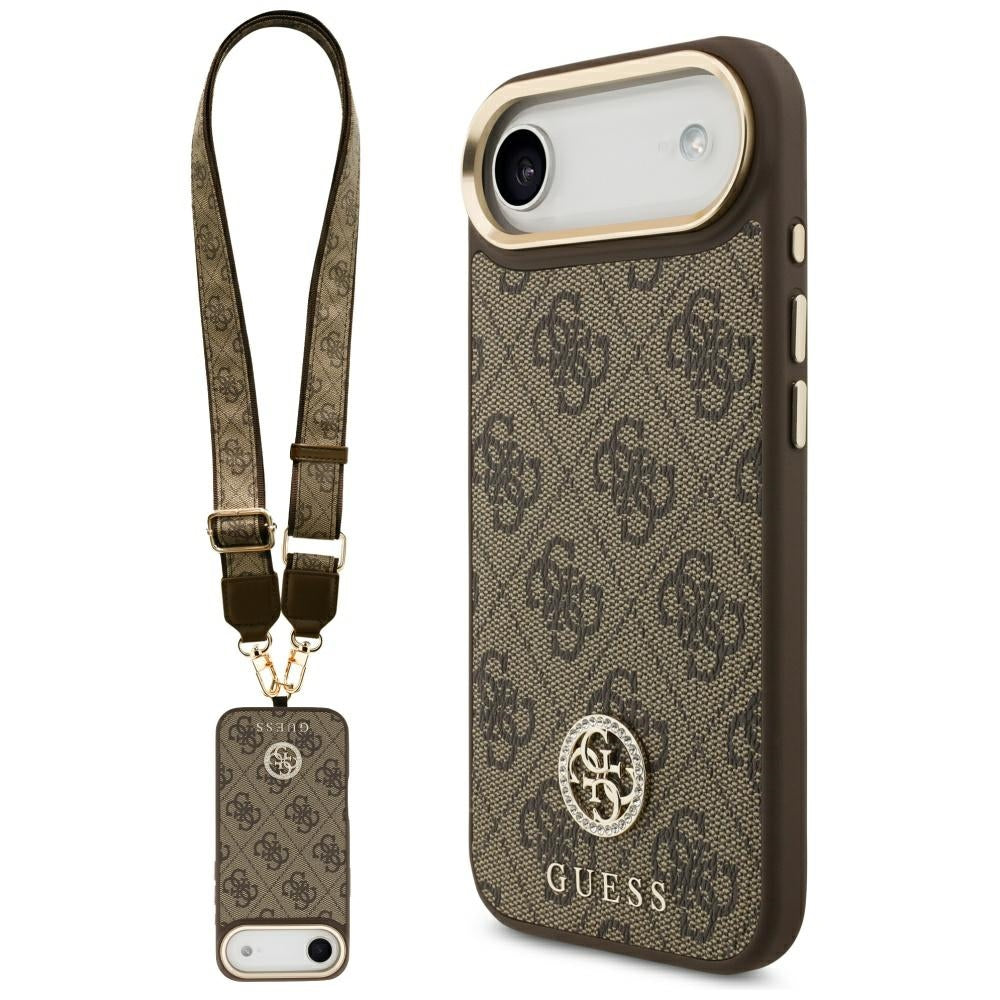 Étui MagSafe pour Apple iPhone 17 Air, Guess, Logo Strass 4G avec Grande Bandoulière, Marron