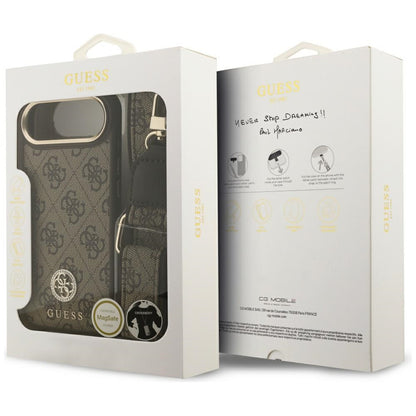 Étui MagSafe pour Apple iPhone 17 Air, Guess, Logo Strass 4G avec Grande Bandoulière, Marron