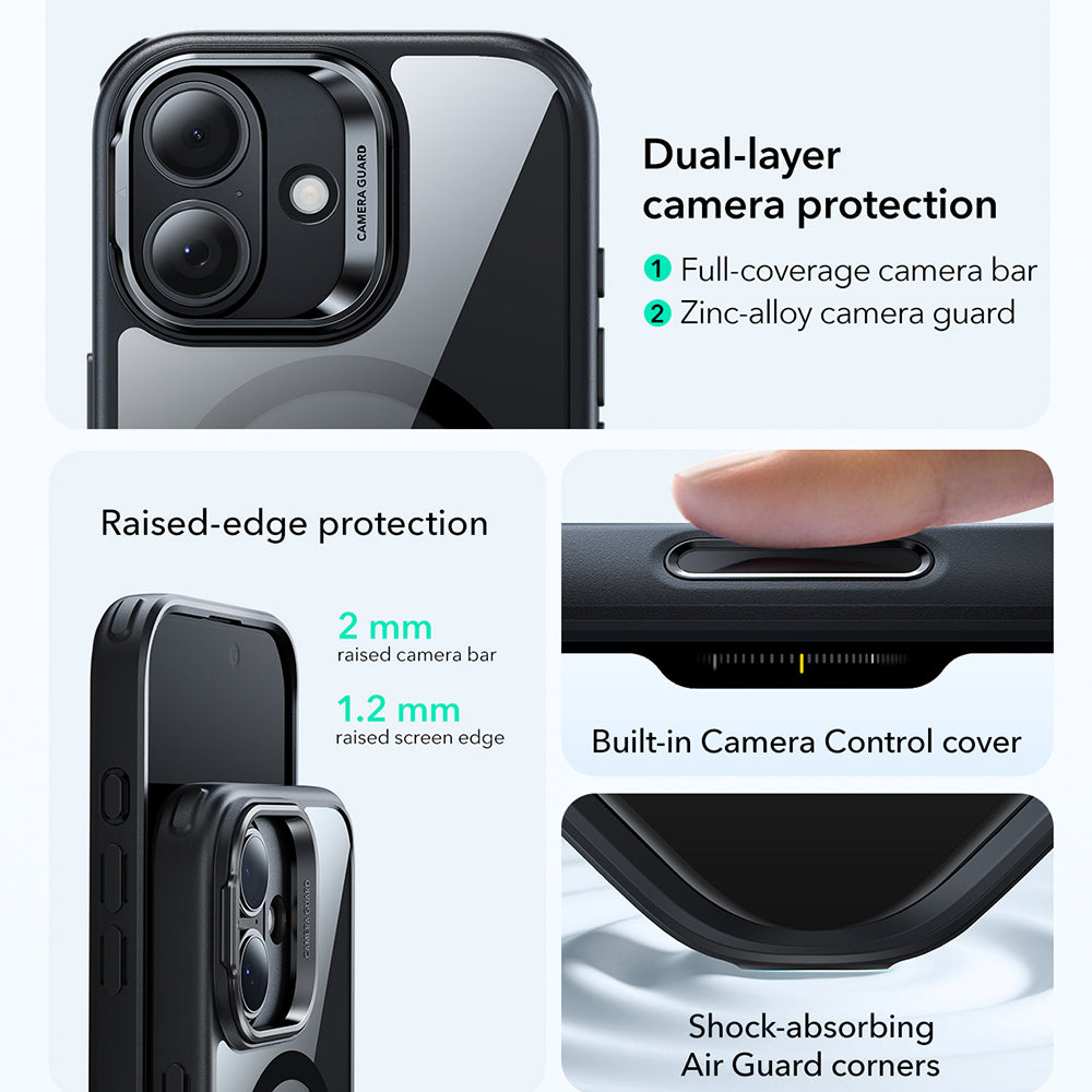 Coque MagSafe pour Apple iPhone 17, ESR, Classic Hybrid Kickstand, Noire Transparente