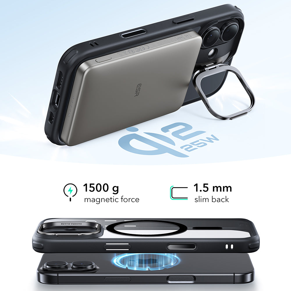 Coque MagSafe pour Apple iPhone 17, ESR, Classic Hybrid Kickstand, Noire Transparente