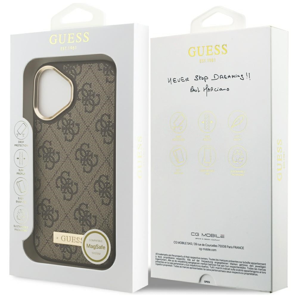 Housse MagSafe pour Apple iPhone 17, Guess, Plaque Logo 4G, Marron