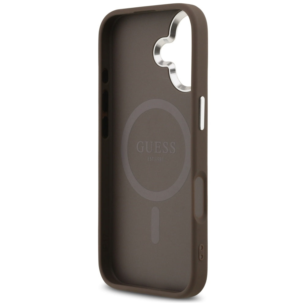 Étui MagSafe pour Apple iPhone 17, Guess, logo Triangle 4G, Marron Argenté