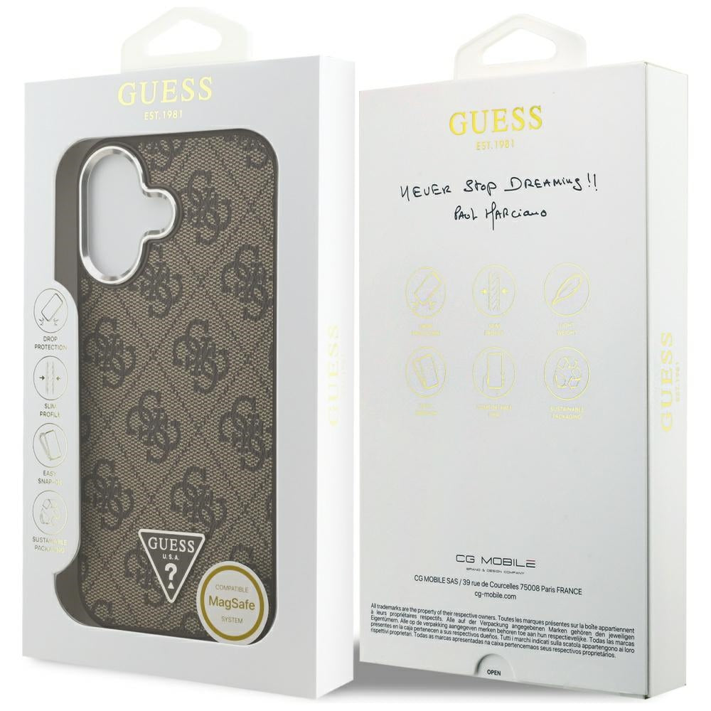 Étui MagSafe pour Apple iPhone 17, Guess, logo Triangle 4G, Marron Argenté