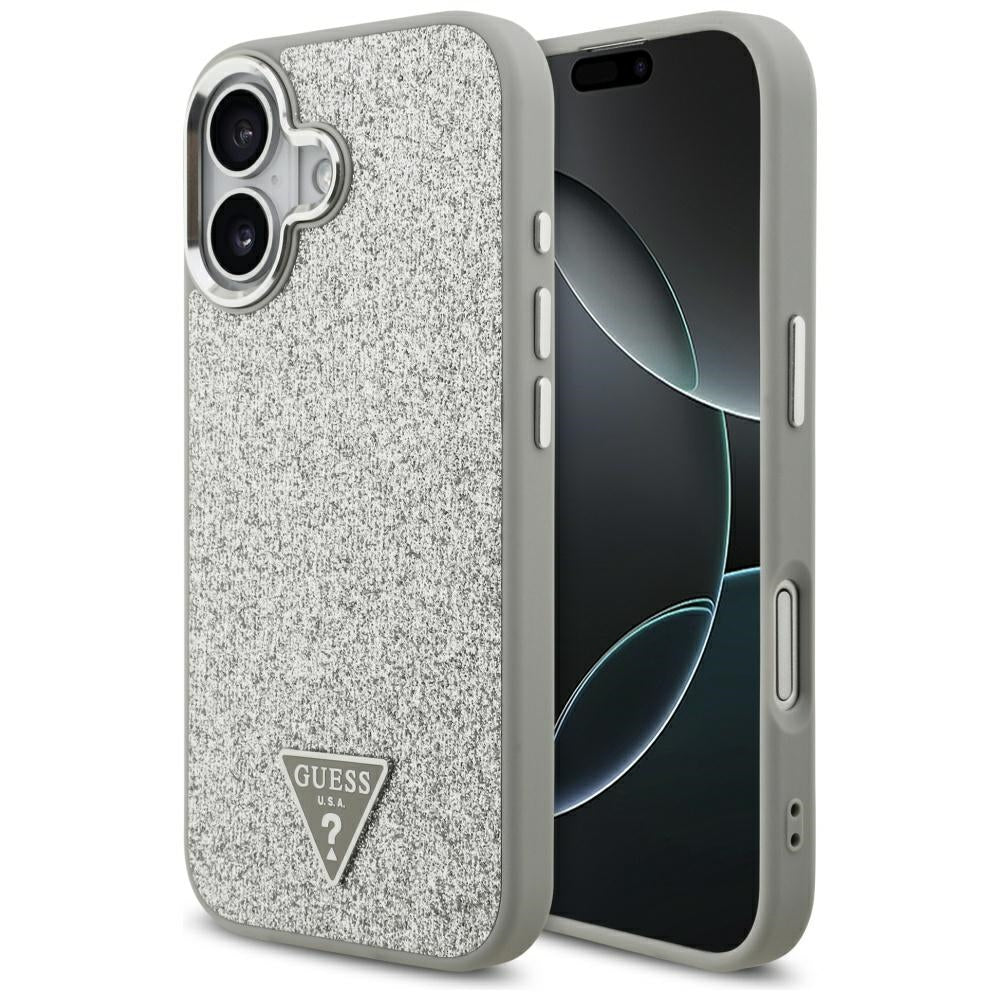 Coque MagSafe pour Apple iPhone 17, Guess, Logo Triangle Pailleté, Argentée