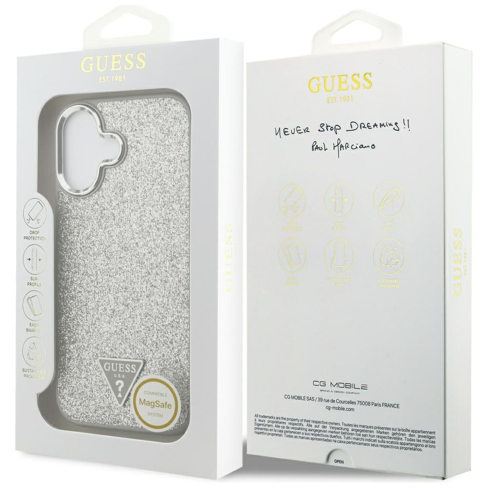 Coque MagSafe pour Apple iPhone 17, Guess, Logo Triangle Pailleté, Argentée