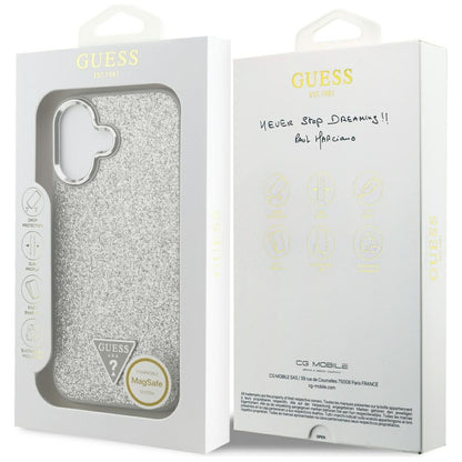 Coque MagSafe pour Apple iPhone 17, Guess, Logo Triangle Pailleté, Argentée