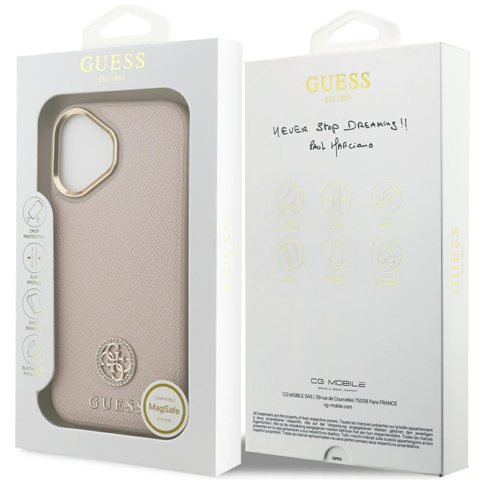 MagSafe Hülle für Apple iPhone 17, Guess, Grained Strass Logo, Rosa
