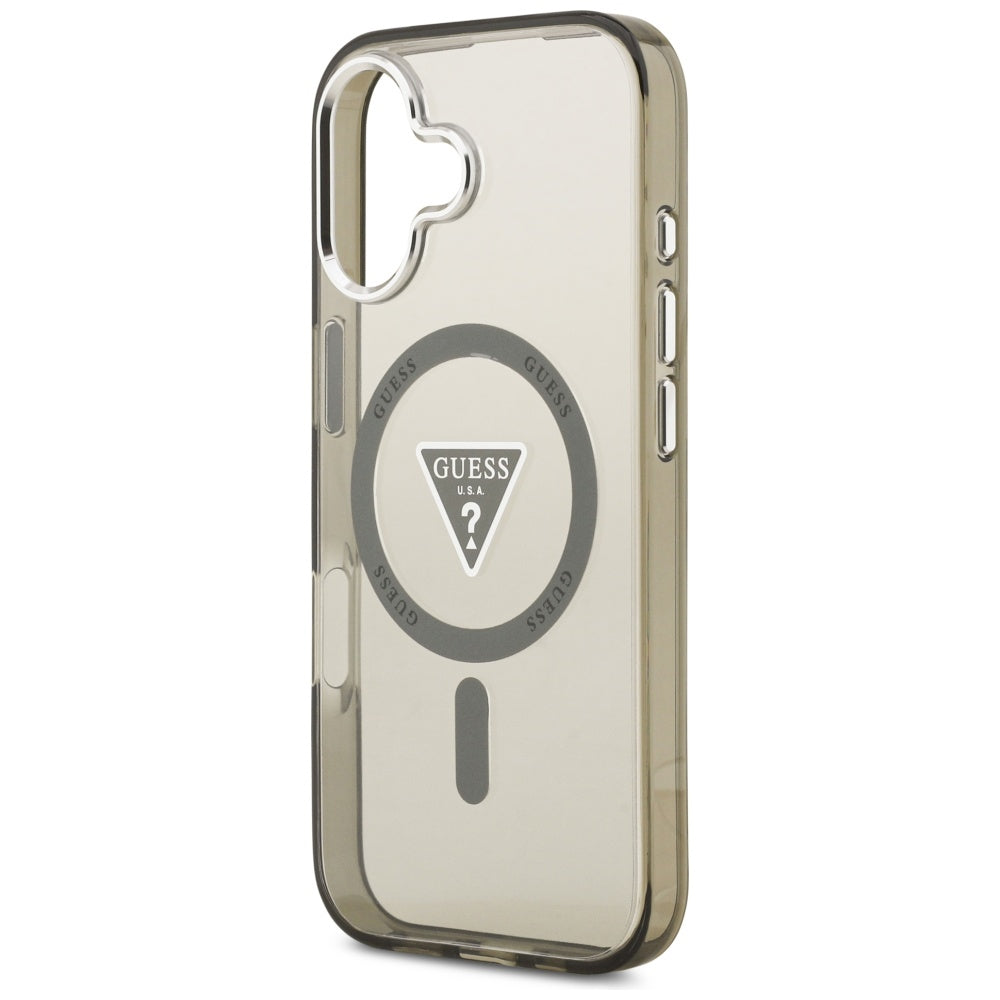 Coque MagSafe pour Apple iPhone 17, Guess, Logo Triangle Dégradé IML, Kaki Argenté